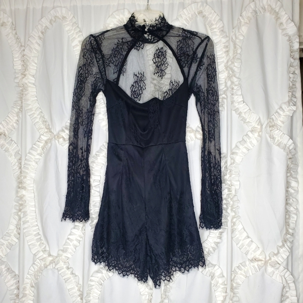 LF Rumor Boutique Black Lace High Neck Romper Size XS